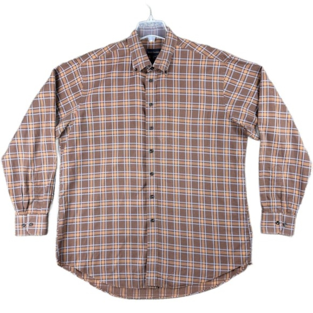 Scott Barber Men XL Plaid Cotton Shirt Orange Brown Blue Long Sleeve Button Down